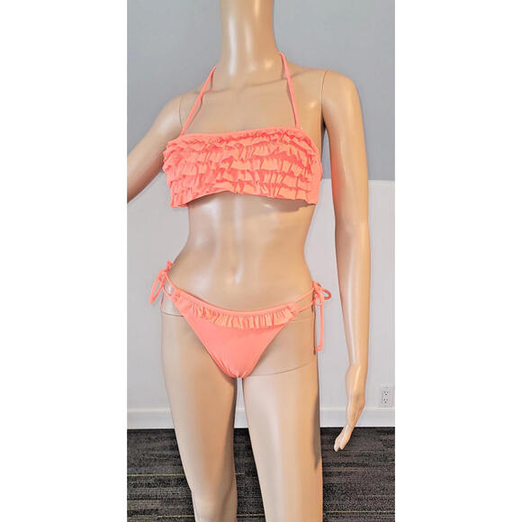 Woman Medium Orange Ruffle Bikini Set Top/ Low Rise Bottom Removable Straps - Picture 2 of 9